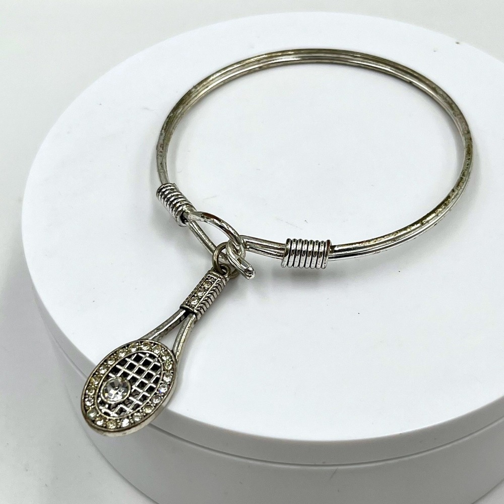 Vintage Silver Tone Sporty‎ Tennis Racket Charm Bangle Bracelet Rhinestone Hook